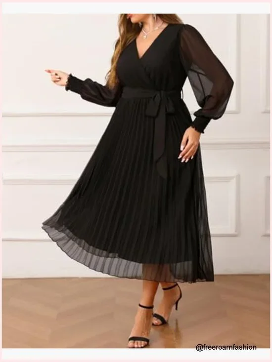 Plus Size Long Sleeve Pleated Midi Dress for Wedding Guest Semi Formal - Picture 5 of 7